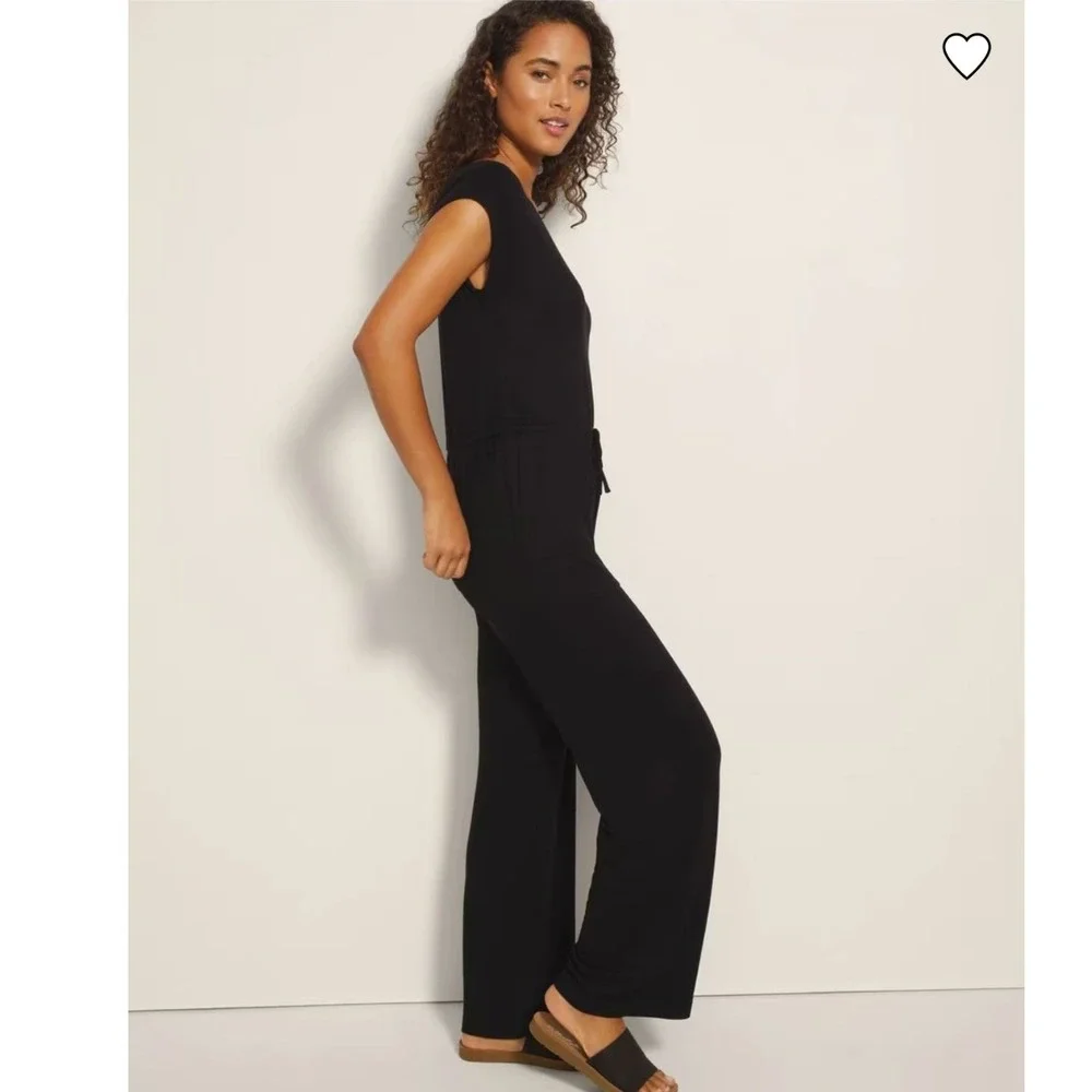 Soma Sunday Lounge Jumpsuit Black V-Neck Wide‎ Leg Drawstring Pockets Small - Picture 14 of 14
